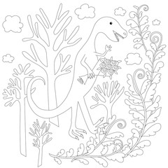 Children coloring page stock vector illustration dinosaur with bouquet for kids coloring book in prehistoric forest stock vector illustration