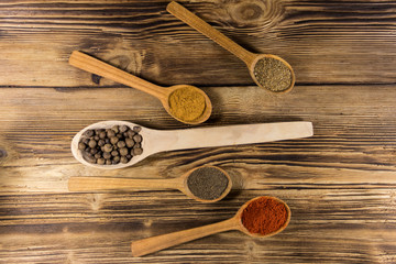 Assorted spices in wooden spoons on a table
