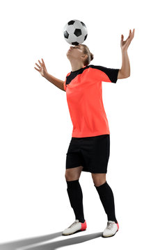 female soccer player isolated on white