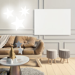 Modern interior with sofa. Poster mock up. 3d illustration.