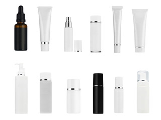 collection of cosmetic bottles of cream or lotion isolated on white background