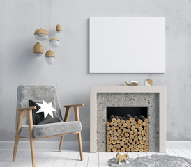 Modern  interior with a decorative fireplace, Scandinavian style. 3D illustration. Poster mock up