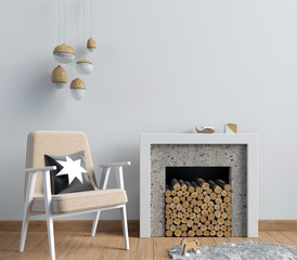 Modern  interior with a decorative fireplace, Scandinavian style. 3D illustration. wall mock up