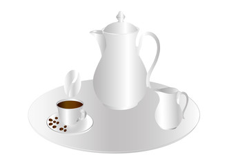 A white tray with a coffee pot, a creamer and a cup of coffee. Vector illustration on white background.