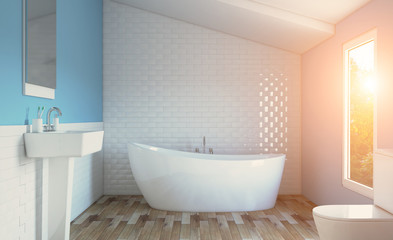 Obraz na płótnie Canvas Spacious bathroom, clean, beautiful, luxurious, bright room. 3D rendering. Sunset