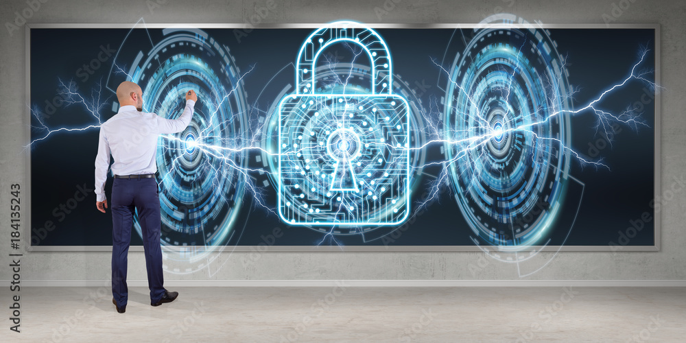 Aufkleber businessman using antivirus interface on a board 3d rendering