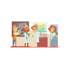 Group of men scientists and girl assistant in laboratory. Lab interior design with blackboard, table, cabinet, microscope, test tubes, periodic table. Isolated flat vector