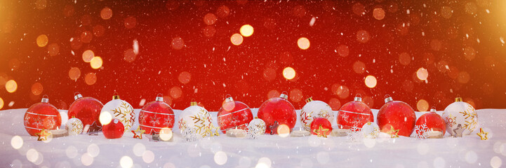 Fototapeta na wymiar Red and white christmas baubles with candles 3D rendering