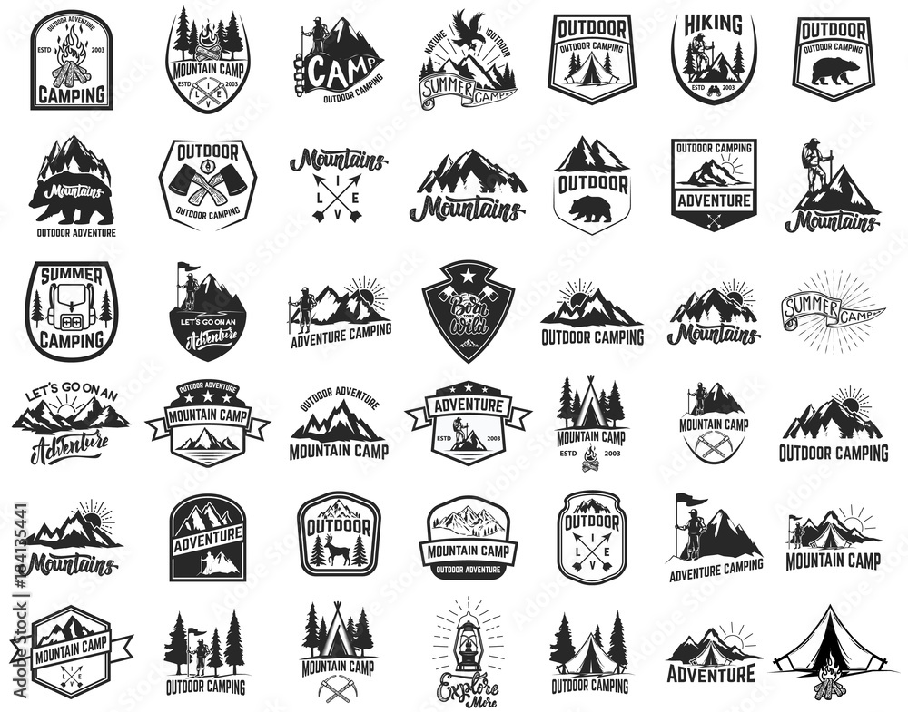 Wall mural big set of camping, hiking, tourism emblems. design element for emblem, sign, label, poster.