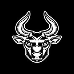 Bull head illustration isolated on dark background. Design element for emblem, sign, poster, label.