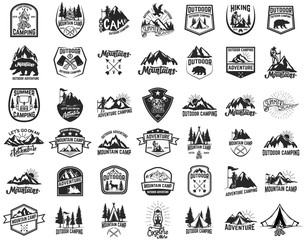 Big set of camping, hiking, tourism emblems. Design element for emblem, sign, label, poster.