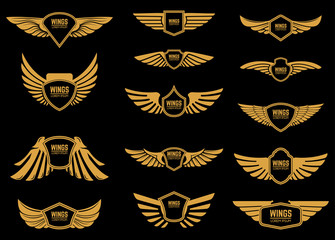 Set of wings icons in golden style. Design elements for logo, label, emblem, sign.