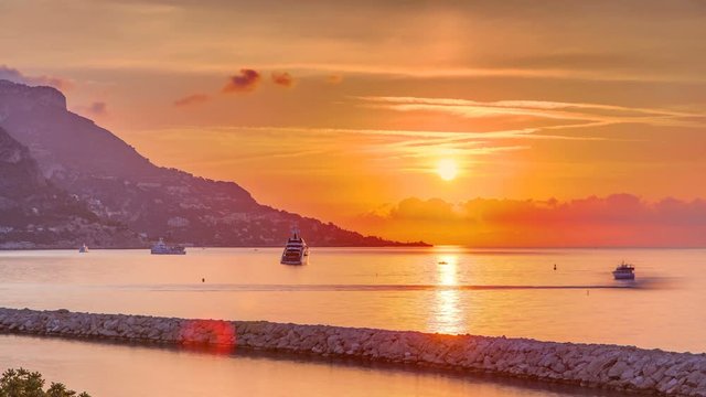 Sunrise view of sea and landscape timelapse from Beaulieu sur mer, France.