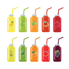 Set of bottles with straws with fruit and vegetable juice on a white background.