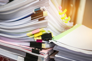 Paper stack, Pile of unfinished documents on office desk related to business functions. Stack of...