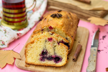 Sweet fruit cake with frozen berries for tea