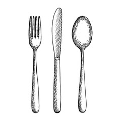 Fork knife and spoon cutlery vector sketch