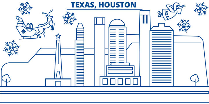 USA, Texas , Houston  Winter City Skyline. Merry Christmas And Happy New Year Decorated Banner. Winter Greeting Card With Snow And Santa Claus. Flat, Line Vector, Linear Christmas Illustration