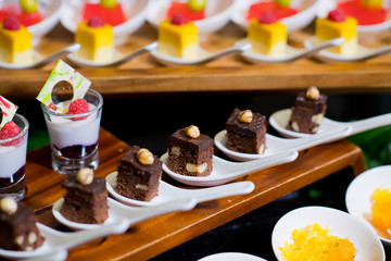 Glass shots  pastry. wedding catering food. mini canapes food.  tasty dessert. Beautiful decorate catering banquet table.  snacks and appetizers. wedding celebration