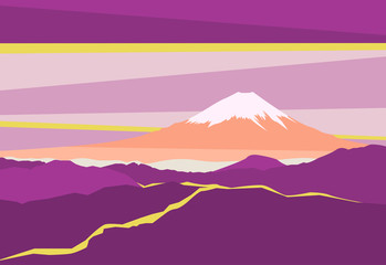 Landscape with Mountain Peaks in Japan. Panoramic evening view of Mount Fuji. Vector illustration