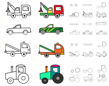 Illustration. Poster. Step-by-step drawing of machines for children. Coloring. Colour. How to draw a tractor. pickup truck, tow truck, crane.
