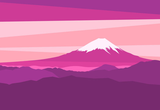 Landscape with Mountain Peaks in Japan. Panoramic sunset view of Mount Fuji. Vector illustration