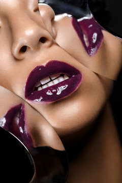 Beautiful Woman Lips Closeup With Mirror Reflections