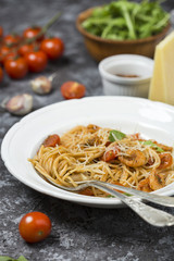 Spaghetti with shrimps and tomato sauce