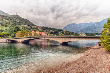 View over John Fitzgerald Kennedy Bridge in central Lecco, Italy