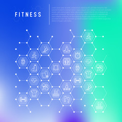 Fitness concept in honeycombs with thin line icons of running, dumbbell, waist, healthy food, swimming pool, pulse, wireless earphones, sportswear, yoga. Modern vector illustration for web page.