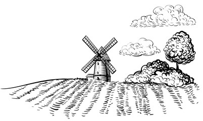 Windmill on agricultural field on background trees and rural landscape hand drawn sketch style illustration. Black and white rural farm horizontal landscape vector image © ilonitta