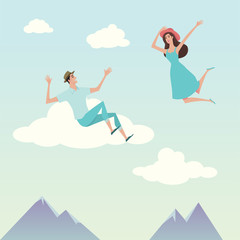 Young man and pretty girl over the sky.