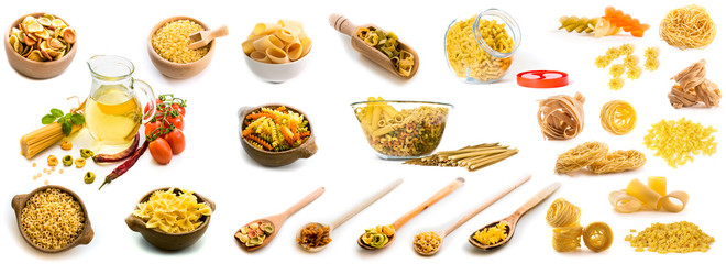 Collage of photos of different shapes of pasta in a variety of dishes