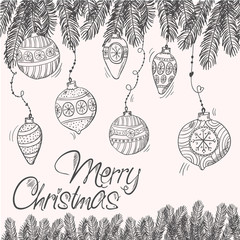 Merry cristmas card with branches and decorations