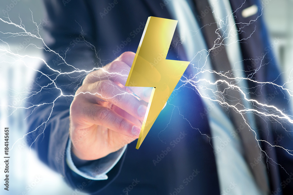 Poster thunder lighting bolt symbol displayed on a futuristic interface - 3d rendering