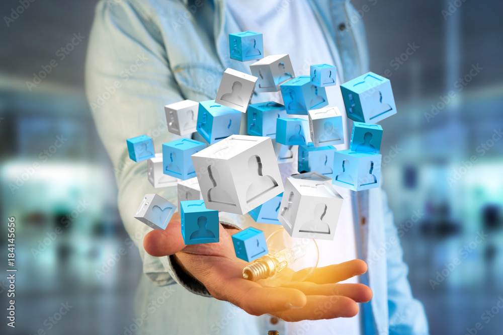 Poster 3d rendering blue and white cube on a futuristic interface