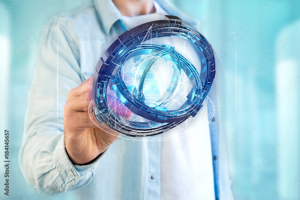Poster hologram made of wheel with a futuristic data interface - 3d rendering