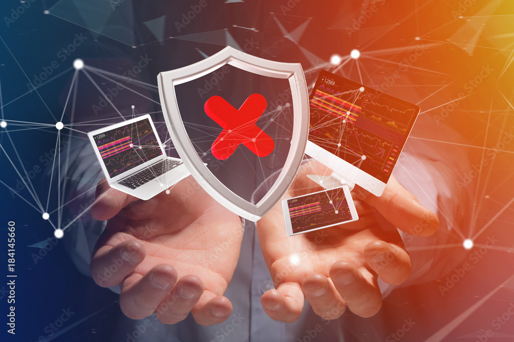 Poster hacked shield symbol surrounded by devices and network displayed on a futuristic interface