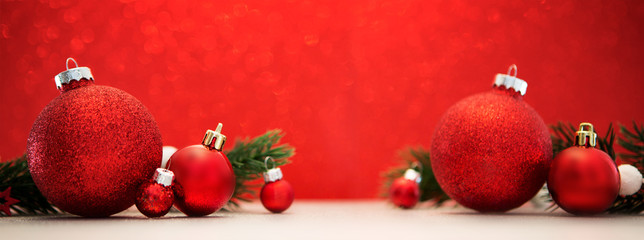 Christmas background with christmas balls, gifts and decoration