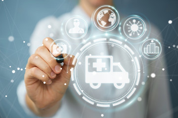 Businesswoman using digital medical interface with a pen 3D rendering