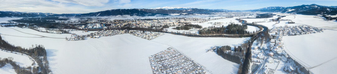 Drone view on Zeltweg, Austria in the Winter