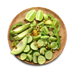 Plate with delicious vegetable salad on white background