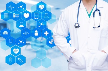 smart doctor with a stethoscope on blurred hospital background and medical icon in hexagonal shaped...