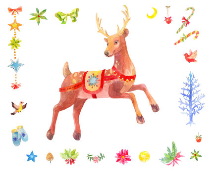 Watercolor Christmas set of deer and other winter elements