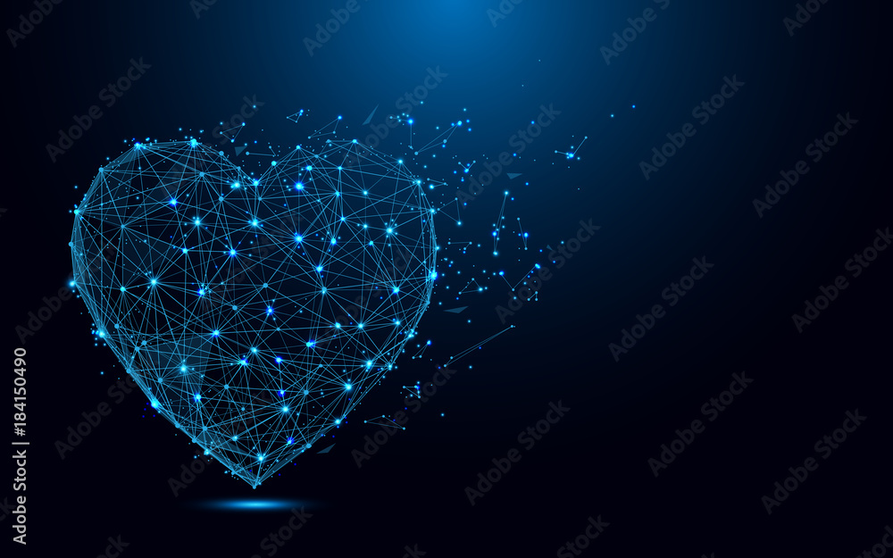 Fototapete abstract heart icon from lines and triangles, point connecting network on blue background. illustrat