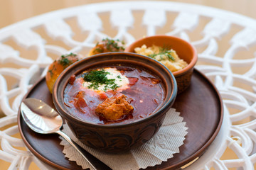 Ukrainian national cuisine, red borsch with meat