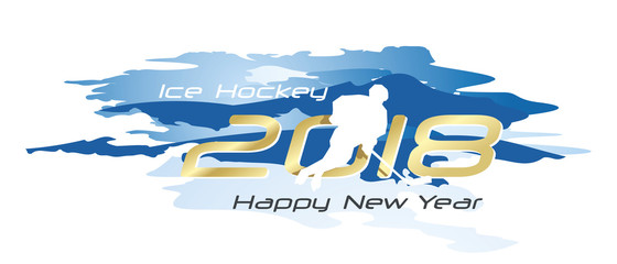 Ice Hockey 2018 Happy New Year logo icon watercolor blue white background