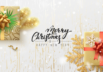 Fototapeta na wymiar Christmas illustration with gift box, background golden wood texture. Xmas greeting card.