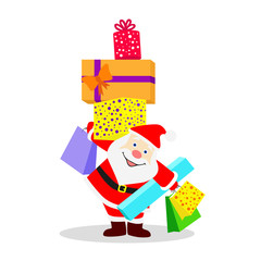 Santa Claus holding a bunch of boxes with Christmas gifts