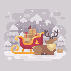 Cheerful Santa Claus reindeer lying down near sleigh with presents in a snowy winter mountain landscape. Christmas greeting card flat illustration